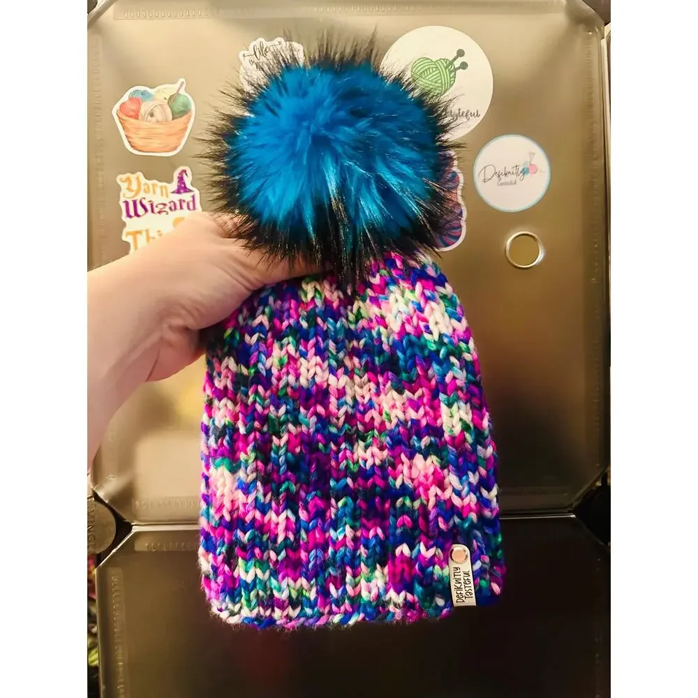 Hand Knit Merino Wool Beanie: Bulky Chic Hat with Faux Fur Pom